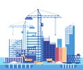 Building house. Work process of buildings construction and machinery. Flat vector concept