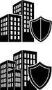 Building icons with shield symbol representing security and protection on white background Royalty Free Stock Photo