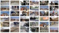 Building of industrial complex and apartments, workers and engineers at work, collage Royalty Free Stock Photo