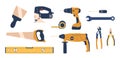 Building Instruments Isolated Icons Set. Wrench, Screwdriver, Level And Saw. Drill, Spatula, Measuring Tape Or Pliers Royalty Free Stock Photo