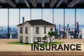 Building insurance, modern house villa style standing on wooden desk in modern office, skyline view, 3D Illustration