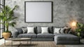 Building interior with grey couch, rectangle coffee table, picture frame on wall