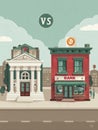 Traditional Bank Versus Cryptocurrency Bank Showcasing Modern Finance Differences in Urban Setting Royalty Free Stock Photo