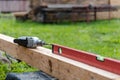 building level lies. measure the horizon by building level. measuring device joiner bu Royalty Free Stock Photo
