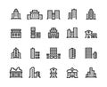 Building line icons. Business center with offices, municipal buildings, school and hospital. City constructions symbols