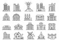 Building line icons, government house, factory, city office buildings. Residential and industrial architecture, urban