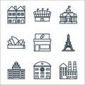 building line icons. linear set. quality vector line set such as factory, institute, building, eiffel tower, drugstore, sydney