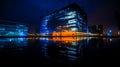 Building that is lit up at night with reflection in the water. Generative AI Royalty Free Stock Photo
