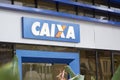 Building and logo of bank Caixa Economica Federal in Sao Paulo.