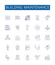 Building maintenance line icons signs set. Design collection of Repair, Cleaning, Painting, Gardening, Mowing