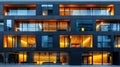 A building with many windows lit up at night, AI Royalty Free Stock Photo