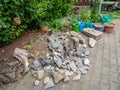 Building material in the garden for pond construction Royalty Free Stock Photo