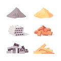 Building material set. Large piles gray cement yellow sand concrete blocks pile red brick curly cinder block freshly