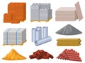 Building materials. Construction industry bricks, cement, wooden planks and metal pipes vector illustration set