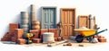 Building materials like bricks, pipes, and doors sit near tools including a drill and wheelbarrow full of sand. Construction Royalty Free Stock Photo