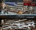 Building and measuring tools. Collection of old tools on a wooden background. Royalty Free Stock Photo