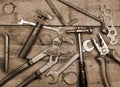 Building and measuring tools. Collection of old tools on a wooden background. Royalty Free Stock Photo