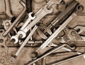 Building and measuring tools. Collection of old tools on a wooden background. Royalty Free Stock Photo