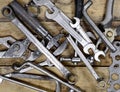 Building and measuring tools. Collection of old tools on a wooden background. Royalty Free Stock Photo