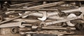 Building and measuring tools. Collection of old tools on a wooden background. Royalty Free Stock Photo
