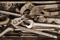 Building and measuring tools. Collection of old tools on a wooden background. Royalty Free Stock Photo