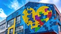 The building of a medical clinic with hearts made of colored puzzles on wall for kids with down syndrome and autism. Royalty Free Stock Photo