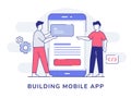 Building mobile app character collaboration programmer developer around big smartphone with outline style Royalty Free Stock Photo