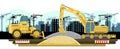 Building. Modern residential and industrial buildings. City silhouette. Bulldozer and excavator. Modern technologies and