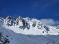 Bright sunny mountain range in French Alps above Chamonix ski resort Royalty Free Stock Photo