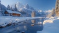 a house is sitting next to a river in the middle of a snowy forest Royalty Free Stock Photo