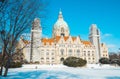 Building of the new city hall of the city of Hanover against clear blue sky on a winter day. Royalty Free Stock Photo
