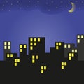 Building and night sky with stars and moon. Vector illustration. Royalty Free Stock Photo