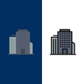 Building, Office, American  Icons. Flat and Line Filled Icon Set Vector Blue Background Royalty Free Stock Photo