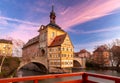 Bamberg. Old medieval town hall on the bridge at sunset. Royalty Free Stock Photo