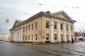 The building of the old yellow construction with white columns near the tram tracks. Contracts House Royalty Free Stock Photo