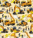 Building people and construction equipment color seamless pattern.