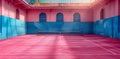 Building with pink and blue walls, tennis court, net Royalty Free Stock Photo