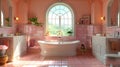 a bathroom with pink tiles , a tub , sinks , mirrors and a window Royalty Free Stock Photo