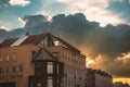 The building on Poshtova Square in Kyiv against the backdrop of sunset Royalty Free Stock Photo