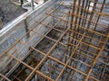 Building process, installing rebar grids for concrete foundation, detailed view. Royalty Free Stock Photo