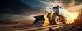 Building Progress: Bulldozer Working on a New Road at Sunset. The machinery stands out against the setting sun, marking Royalty Free Stock Photo