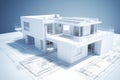 Building project plan. Blueprint of a modern house with 3d model. Generative AI Royalty Free Stock Photo
