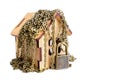 Toy wooden house with chain and padlock on white Royalty Free Stock Photo