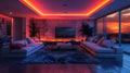 Building with purple couch in living room, magenta ceiling lights Royalty Free Stock Photo