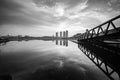 Building reflection on the lake surface, soft and dramatic cloud with colorful on the sky Royalty Free Stock Photo