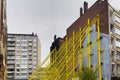 A building reinforced with steel beams which help it not to collapse in Brussels, Belgium