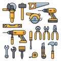 Building and repair tools icons, construction tools kit - drill, hammer, screwdriver, saw, file, putty knife, ruler,