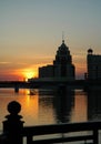 Building on the riverside in the evening Astana