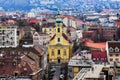 building roof tops and streetscape in Budapest in aerial perspective. yellow stucco catholic church facade