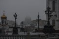 The building of the Russian Foreign Ministry in the fog.